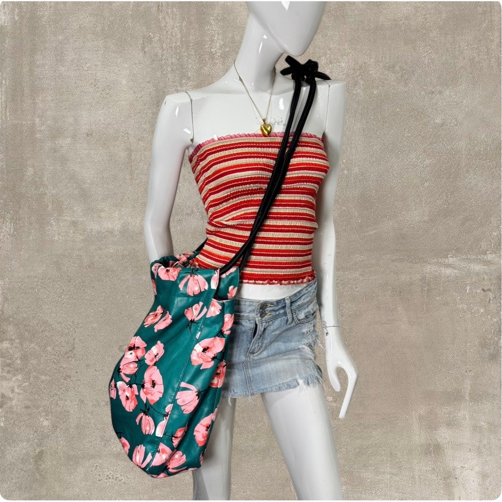 Floral‎ Teal Shoulder Bag Pink Flower Print Adjustable Tie Straps Slouchy Tote